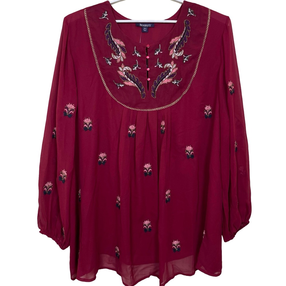 ROAMANS Burgundy Embroidered Sheer Peasant Blouse‎ Tunic Top Plus Size 30W NEW